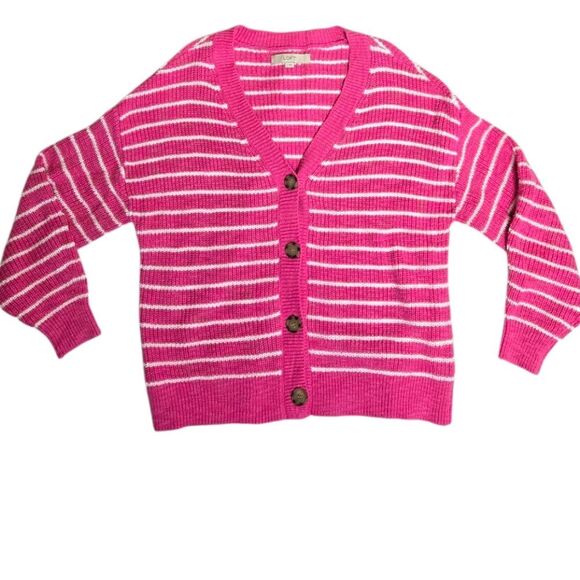 LOFT pink striped button up v-neck oversized cardigan‎ sweater L - Picture 3 of 9